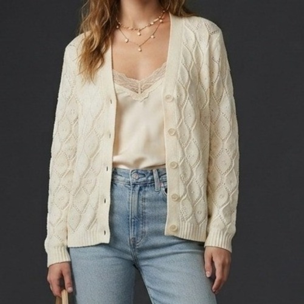 VTG Pointelle Knit Cardigan Ivory Cream Feminine Coquette Romantic Cottagecore